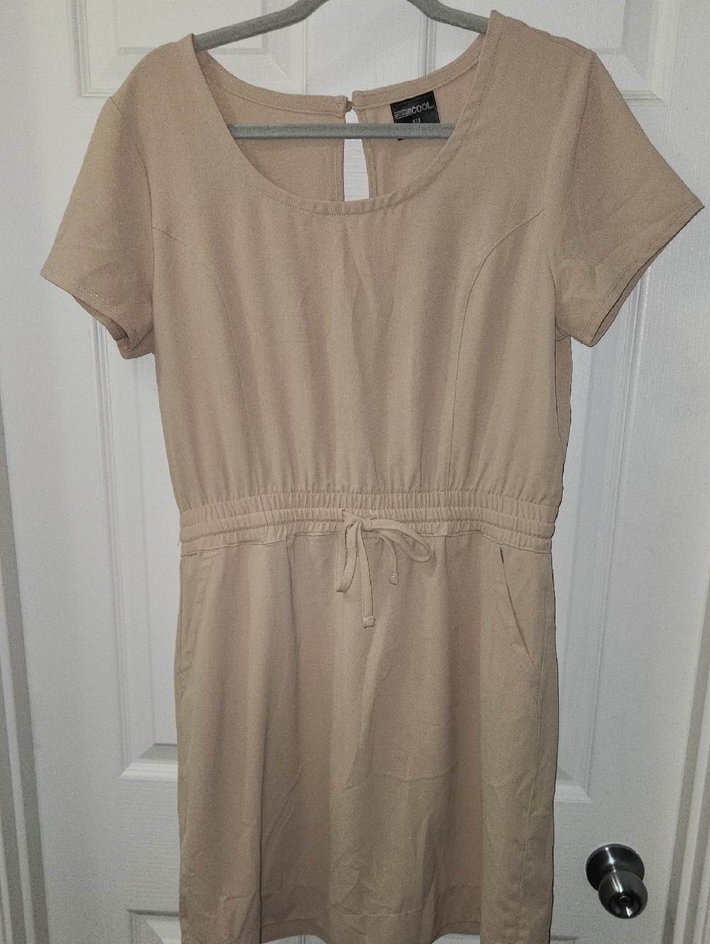 Neutral Beige Drawstring Waist Short-Sleeve Mini Dress
